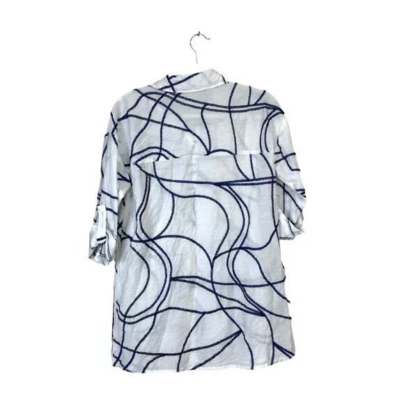 Soft Surroundings Women's Top Tunic Button Up White Blue Roll Tab Sleeve Size S - Picture 7 of 8